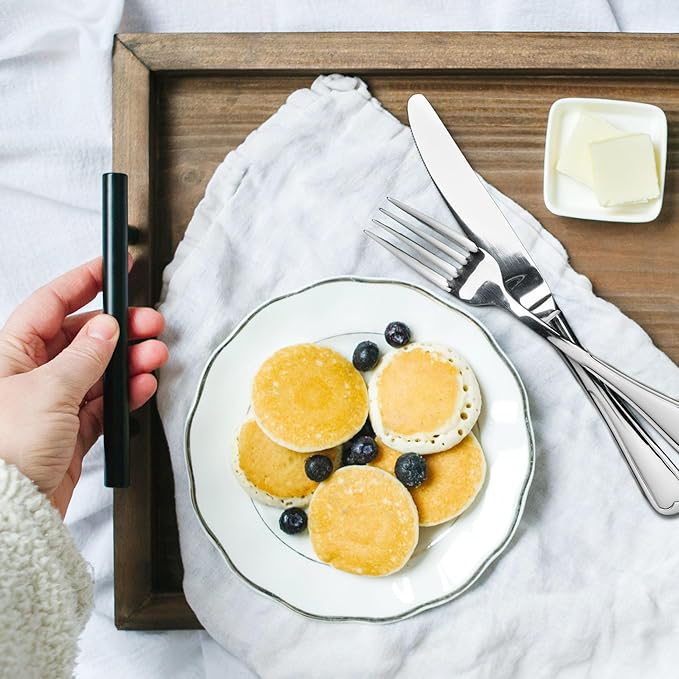 Decorative Ottoman Serving Tray Wooden Rustic (Set of 2) | Black Sleek Metal Handles | 4 Matching Coasters | Coffee Table Decor | Serving Kitchen Platter (Brown)