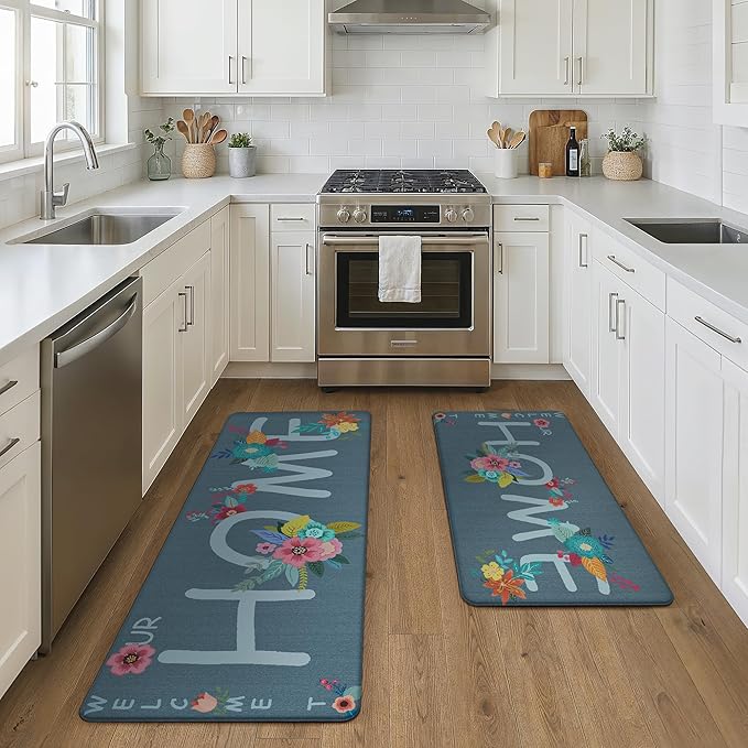 GENIMO Anti Fatigue Kitchen Mats for Floor, Non Slip Washable Home Theme Rugs Sets of 2, Farmhouse Cushioned Waterproof Comfort Runner Rug for Kitchen, Sink, Desk, Laundry, 17"x 47"+17"x 30", Blue