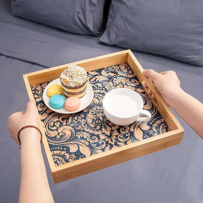 PEMAR 12.2" Square Bamboo Art Decor Tray with Handle, Food Drink Serving Tray for Breakfast Lap Bed Eating. Pattern Printed on Bamboo. Decorative Catchall Coffee Table Entryway Nightstand (Damask)