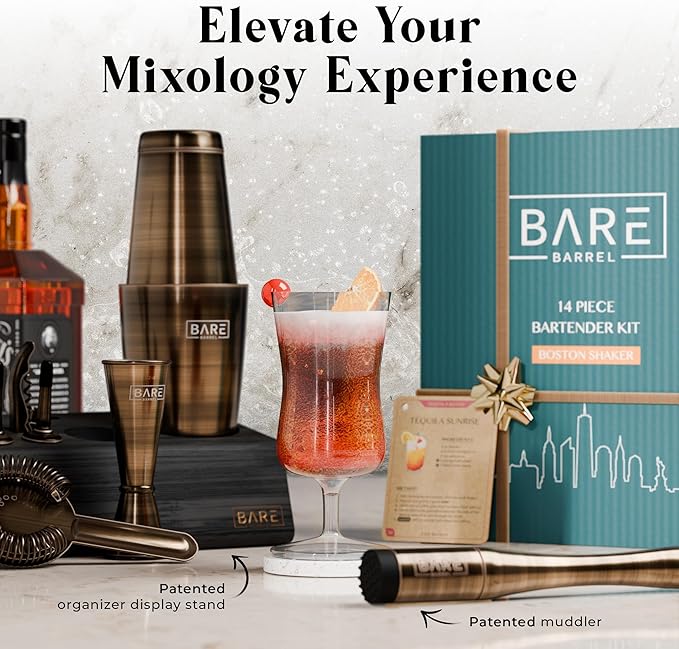 BARE BARREL® Mixology Bartender Kit Bar Set | 14-Piece Cocktail Shaker Set | Martini Barware Mixing Tools for Home Bartending | Incl. 35 Recipe Cards | Gift Set (28oz Boston Shaker, Brass/Black)