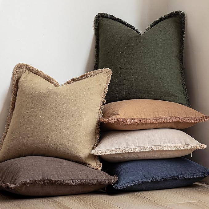 Foindtower Set of 2 Decorative Linen Fringe Throw Pillow Covers Farmhouse Cushion Cover with Tassels Soft Accent Pillowcase for Couch Chair Sofa Bed Living Room Home Decor,16×16 Inch,Light Khaki Taupe