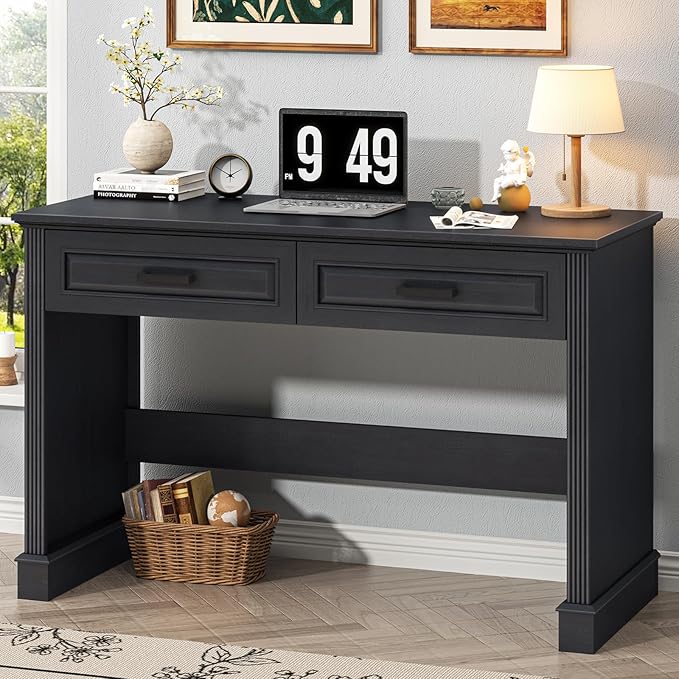Farmhouse Executive Desk, 48 Inch Computer Desk with 2 Drawers, Simple Home Office Writing Desk Workstation for Bedroom Study Small Spaces, Black