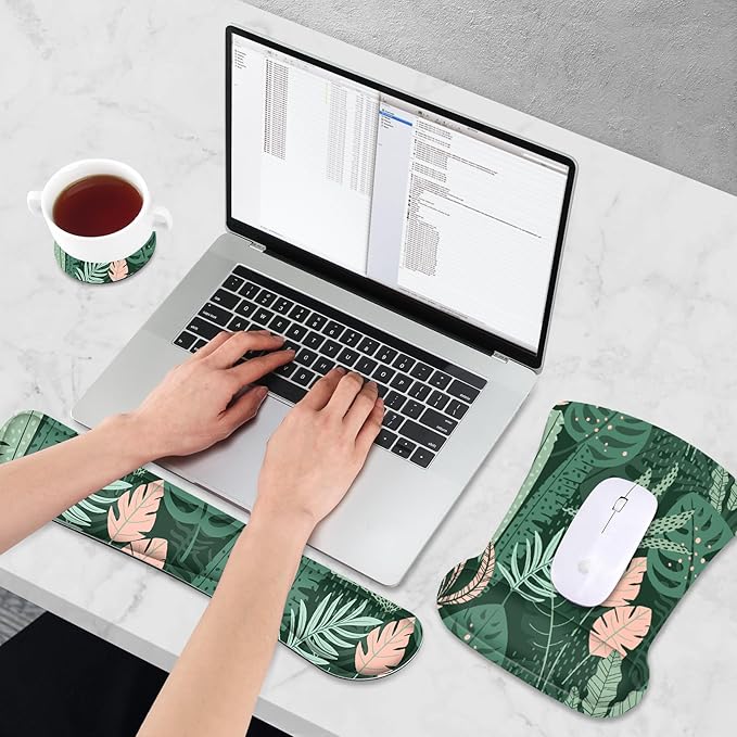 AIMSA Wrist Rest Support Mouse Pad Ergonomic, Memory Foam Keyboard Wrist Rest Set Non-Slip Easy Typing and Relieve Wrist Pain Mouse Mat for Computer Office - Pink Green Leaves