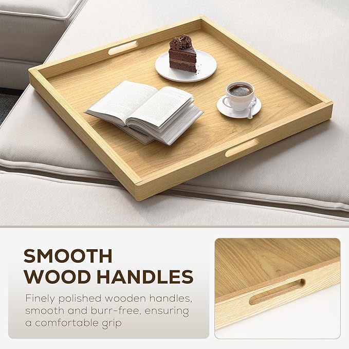 Axeman 24 Inch Large Square Wooden Ottoman Tray for Living Room|Extra Large Serving Tray with Handles for Coffee Table, Breakfast|Decorative Wood Tray for Ottoman Couch Sofa Kitchen|Natural