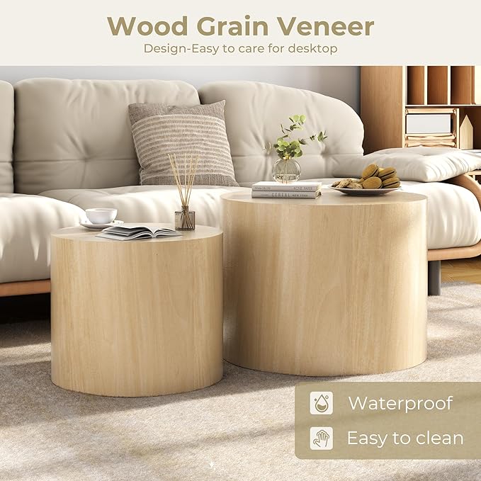 Nesting Coffee Table Set of 2, Round Yellow Nesting Table Modern Circle Coffee Tables Side End Tables for Small Spaces Living Room, Bedroom, Balcony, Office