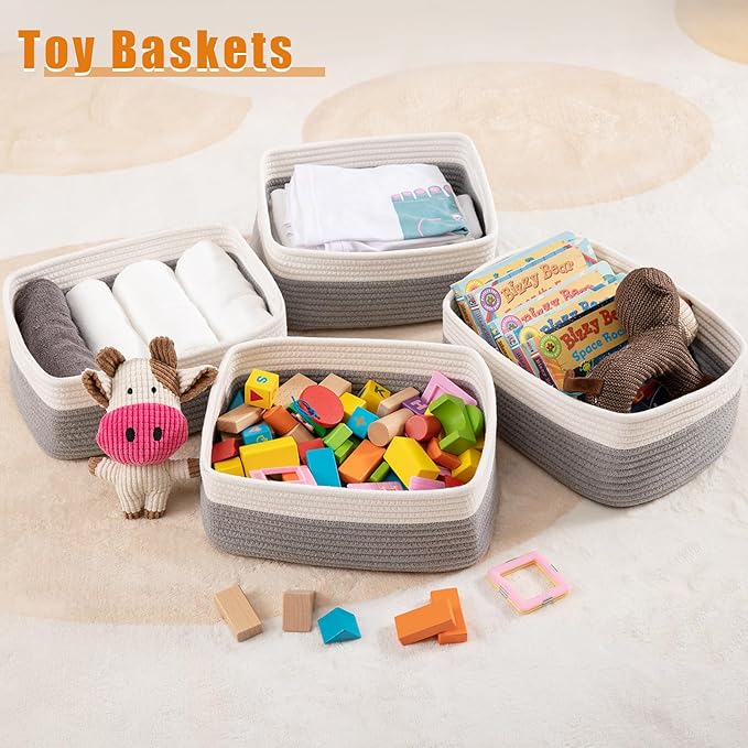OIAHOMY 4 Pack Storage Baskets for Organizing, Small Bins for Shelves, Cute Decorative Storage Bins, Organizer Baskets for Gifts Empty, 11.8''Lx7.8''Wx4.7''H, Grey/White