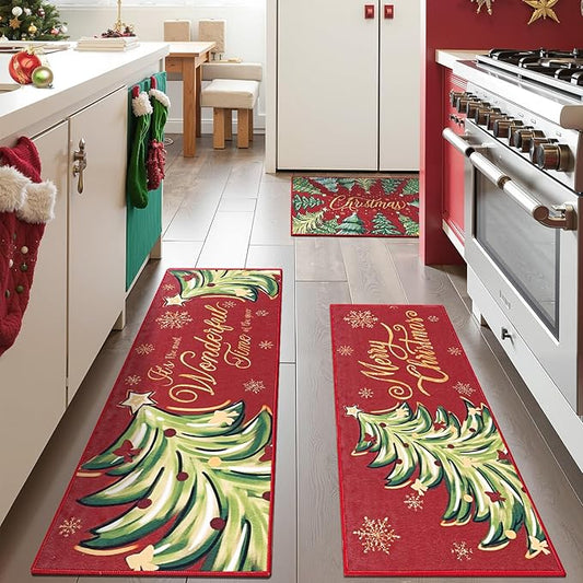 Yamaziot Christmas Kitchen Rugs Sets of 3, Non Slip Kitchen Mats for Floor with Rubber Backing, Holiday Christmas Trees Snowflake Runner Rug Decor Home Decorations for Kitchen, Laundry Room, Hallway