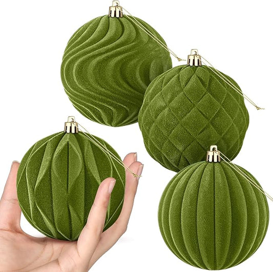 4 Pcs 4 Inch Large Velvet Christmas Ball Ornaments Vintage Christmas Plastic Ball Ornaments Flocked Tree Hanging Decoration for Xmas Party Wedding Home Decor(Olive Green)