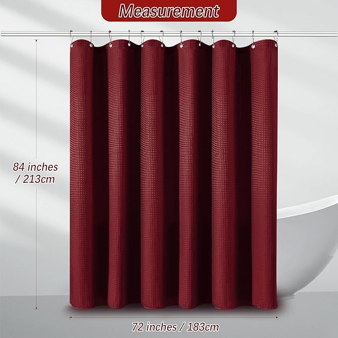Extra Long Shower Curtain - 84 Inch Waffle Weave Weighted Thick Cloth Bathroom Shower Curtain, Wine Heavy Duty Hotel Bath Curtain Set with 12 Metal Hooks, 72x84 Burgundy