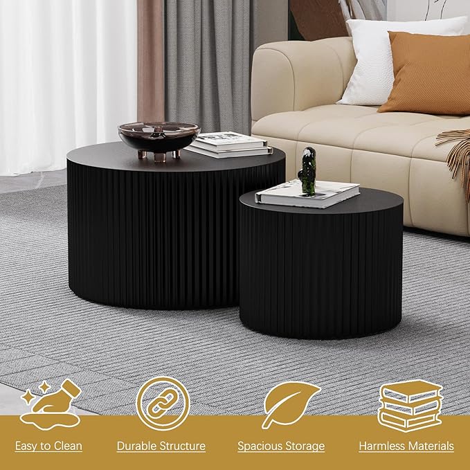Round Coffee Table Set of 2 Modern Nesting Coffee Tables Wooden Drum Coffee Tables with Non-Slip Feet, Circle Nesting Tables End Table for Living Room Office, No Assembly (Black 27.56"+19.69")