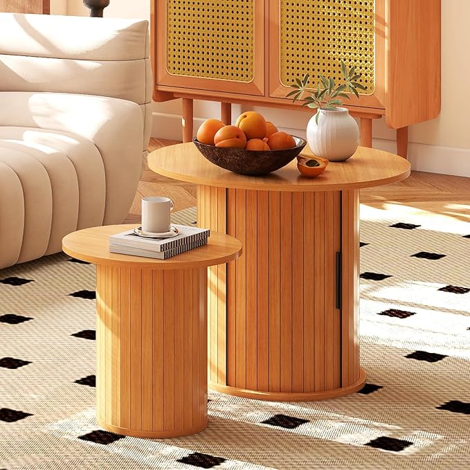 Nesting Coffee Table Set of 2 with Hidden Storage & Sliding Door, Circle Wood Coffee Table, Farmhouse Side & End Table Sets for Living Room, Small Spaces, Natural