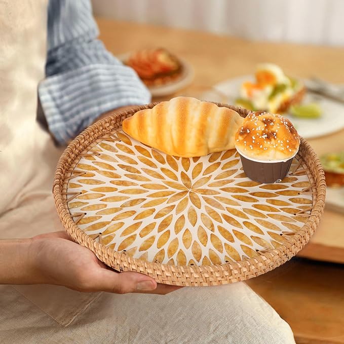 Round Rattan Tray with Mother of Pearl Inlay, Rattan Serving Tray for Coffee, Bread, Fruits, Decorative Wicker Tray for Table Decor, Home Decor, Kitchen Island Decor (Amber Leaf, 11.8")