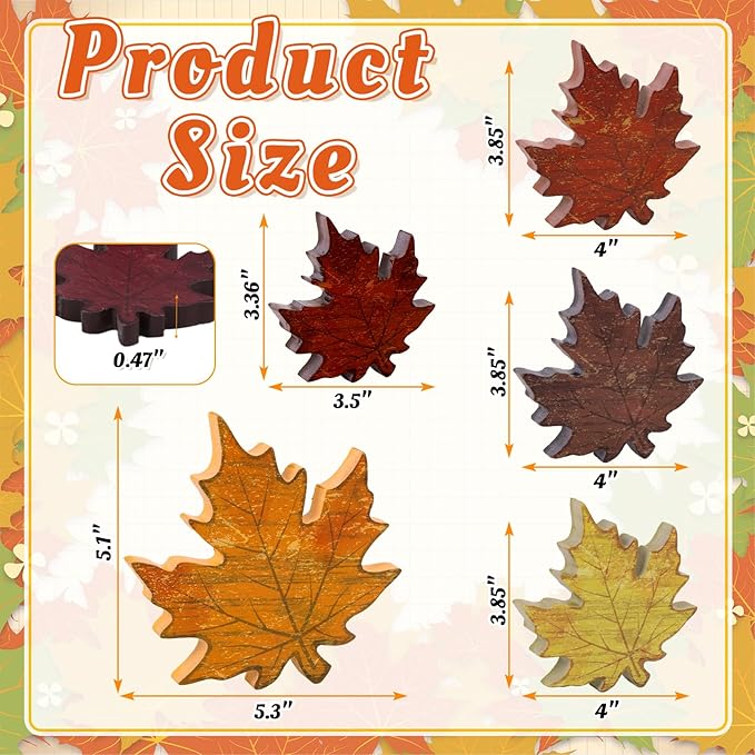 5pcs Fall Decorations for Home – Wooden Maple Leaves Set for Thanksgiving Table Centerpieces, Autumn Tabletop, Office Desk Decor