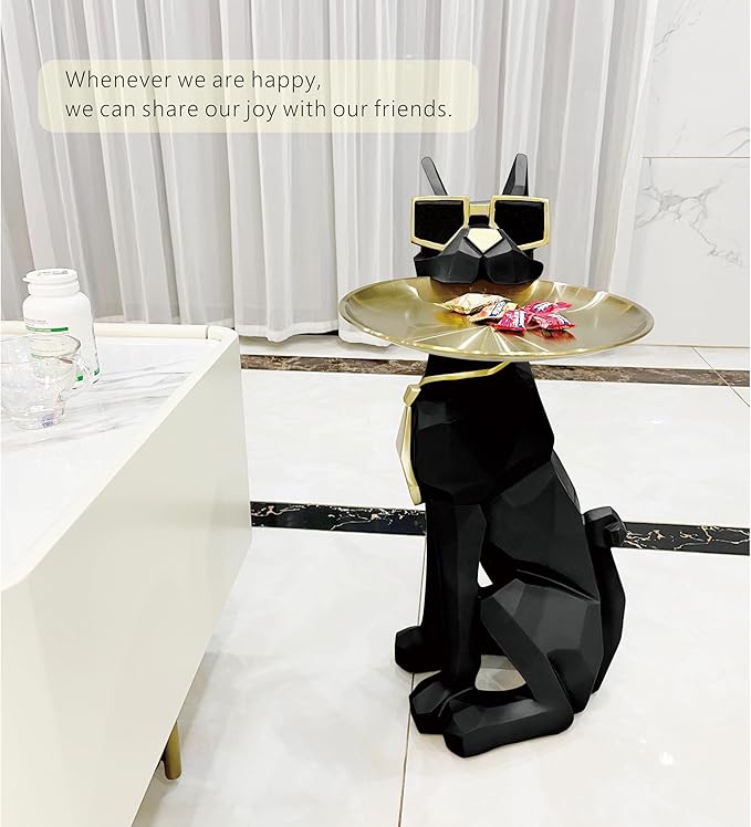 Beautiful and Elegant Decorative Pieces for Home, Dog Side Table with Tray and Storage，Dog 3D Sculpture Coffee Table Unique Home Decor(Black)
