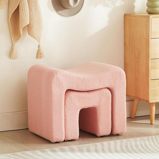 Ottoman Set of 2 Vanity Stool Chair Seating Backless Modern Foot Rest Teddy Velvet Small Footstool Ottoman for Makeup Room Living Room Bedroom Entryway,(2-in-1) Pink