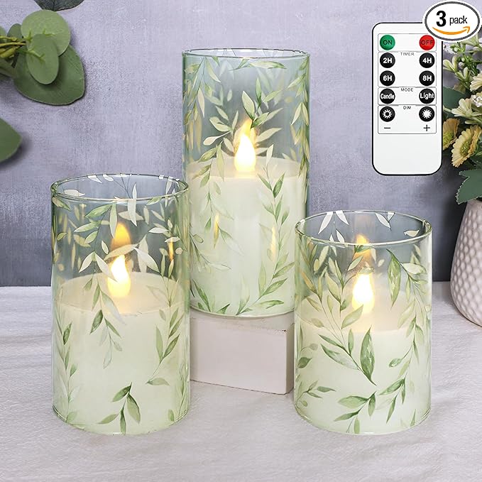 Green Flameless Candles with Remote Willow Leaf Design Battery Operated Candles - Elegant Home Christmas Summer Decor Set of 3