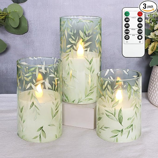 Green Flameless Candles with Remote Willow Leaf Design Battery Operated Candles - Elegant Home Christmas Summer Decor Set of 3