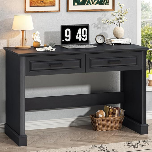 Farmhouse Executive Desk, 48 Inch Computer Desk with 2 Drawers, Simple Home Office Writing Desk Workstation for Bedroom Study Small Spaces, Black