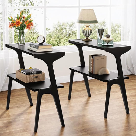 Tribesigns Set of 2 Wood End Table, Modern Narrow Sofa Side Table with Storage, 2-Tier Slim Wooden Bedside Table with Unique Legs for Bedroom, Living Room, Small Spaces, Easy Assembly, Black