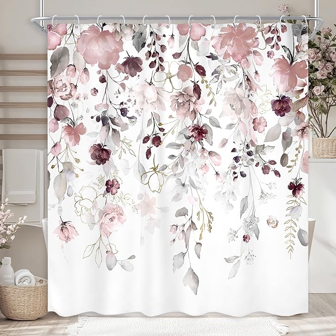 Floral Flower Shower Curtain 72Wx72L Inch Grey Pink Floral Blossom Leaves Girls Watercolor Eucalyptus Botanical Wildflower Plant Bathroom Set Rustic Bath Curtain Bathtub Accessories Home Decor