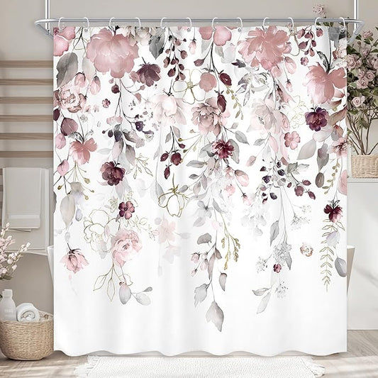 Floral Flower Shower Curtain 72Wx72L Inch Grey Pink Floral Blossom Leaves Girls Watercolor Eucalyptus Botanical Wildflower Plant Bathroom Set Rustic Bath Curtain Bathtub Accessories Home Decor