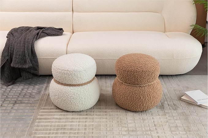 Snowman Footstool Ottoman Vanity Stool Small Upholstered Boucle Ottoman Shoe Stool Cute Stool Sofa Footrest Stool for Living Room Bedroom Entrance (Light Brown)