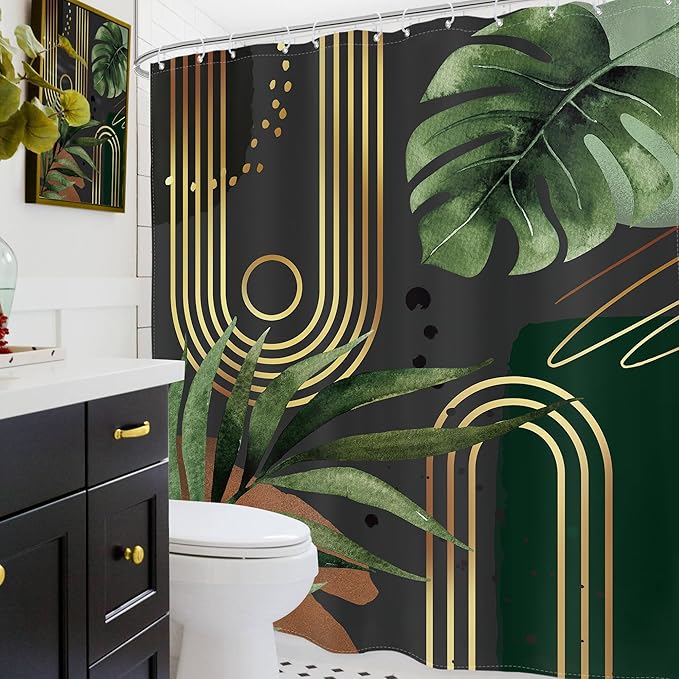 Glawry Dark Green Gold Boho Mid Century Shower Curtain Extra Long Abstract Minimalist Tropical Modern Geometric Leaf Bathroom Simple 72Wx84L Inches Bath Accessories Art Home Decor Fabric 12 Pack Hook