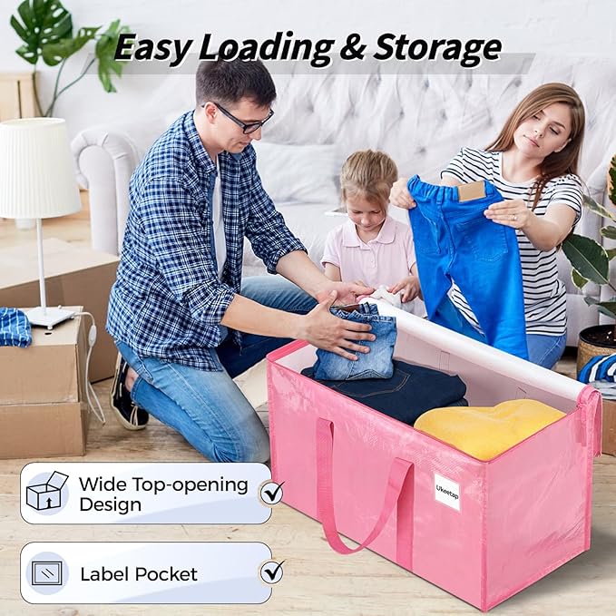 8 Pack Extra Large Heavy Duty Moving Bags, Pink Storage Bins with Lids, Reinforced Handles & Heavy-Duty Zippers Moving Boxes Storage Bags Totes for Clothes Packing, Dorms, College Supplies, Pink