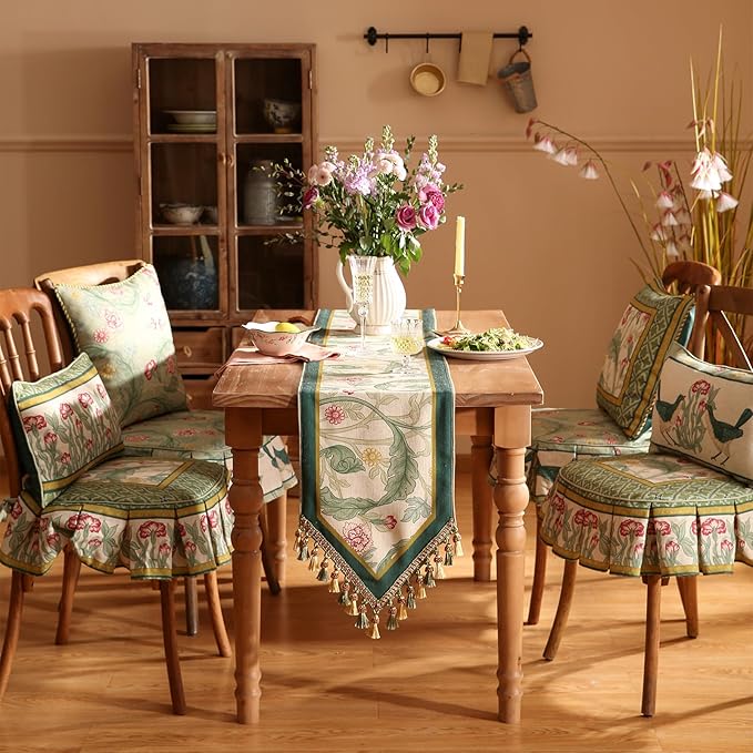 patdrea Designer Green Floral Table Runner,French Elegant Vibrant Rustic Linen with Green Leaves Patterns Fabric Table Mat,Decoration for Kitchen Dining Room Banquet Christmas ,12"*71"