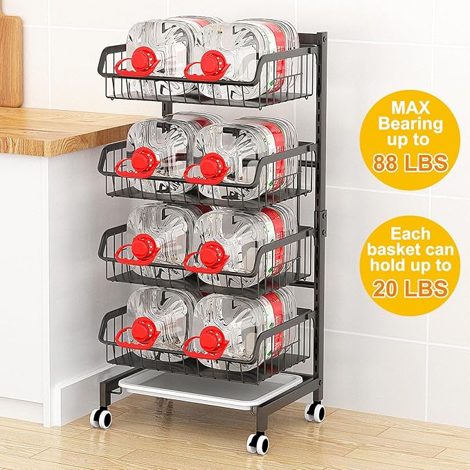 4-Tier Kitchen Snack Cart with Wheels – Versatile Rolling Storage Cart for Pantry, Utility Rooms – Adjustable Metal Wire Fruit & Vegetable Basket Rack (Black Without cart Handle, 4-Tier)