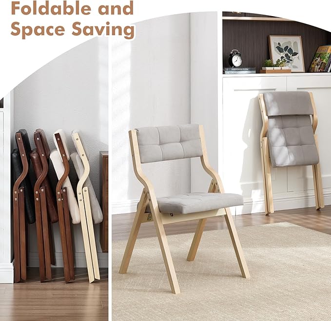 2-Pack Folding Dining Chairs with Cushion,Padded Foldable Dining Chairs,Portable Wooden Folding Chairs for Dining Rooms Kitchen Wedding and Party Indoor LIGHTGREY