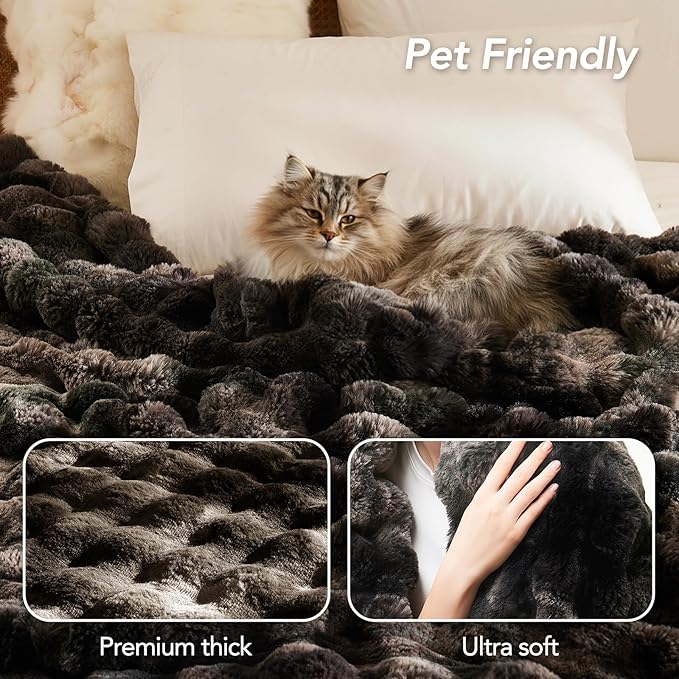 L'AGRATY Faux Fur Throw Blanket: 50" x 60" Luxury Soft Fluffy Thick Rabbit Fur Blankets for Couch Bed Sofa - Cozy Plush Bubble Blankets for Home Decor: Warm Flannel Fleece Decorative Blanket
