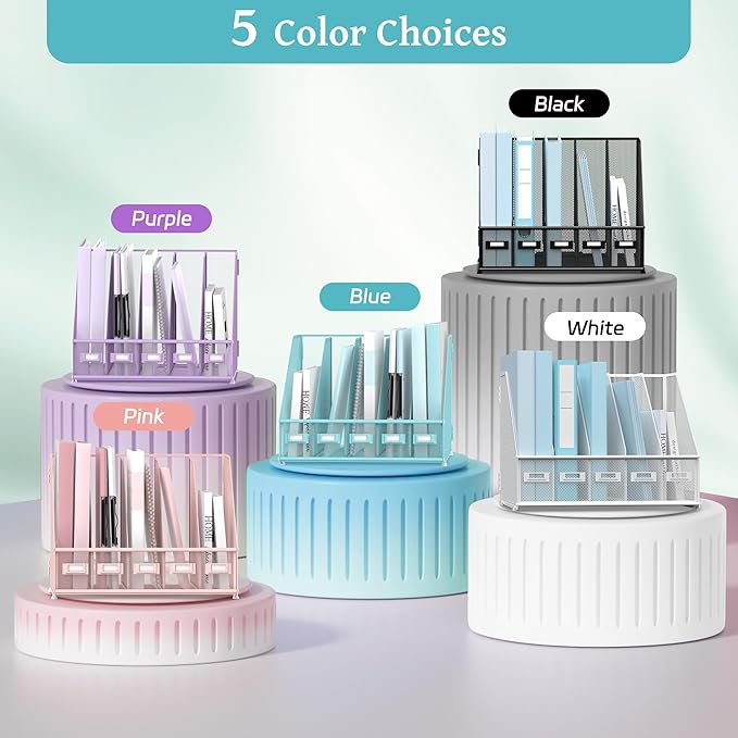 SUPEASY Desk Organizers Metal Desk Magazine File Holder with 5 Vertical Compartments Rack File Organizer for Office Desktop, Home Workspace, Blue