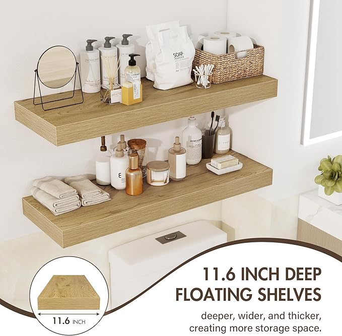 48 Inch Floating Shelves, 12" Deep Floating Shelf Wall Mounted, 48" Wall Shelves, Rustic Deep Bookshelf, Extra Deeper & Thicker Display Shelves for Bedroom, Living Room, Oak, Set of 2