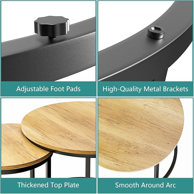 Smuxee Nesting Coffee Table Set of 2, 23.6" Round Coffee Table Brown Wood with Adjustable Non-Slip Feet, Industrial End Table Side Tables for Living Room Bedroom Balcony Yard