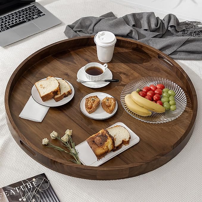 30 x 30 inches King Sized Round Ottoman Table Tray, Oversized Solid Wooden Black Walnut Decorative Serving Tray with Handles, Extra Large Circle Platter for Oversized Ottoman Bed