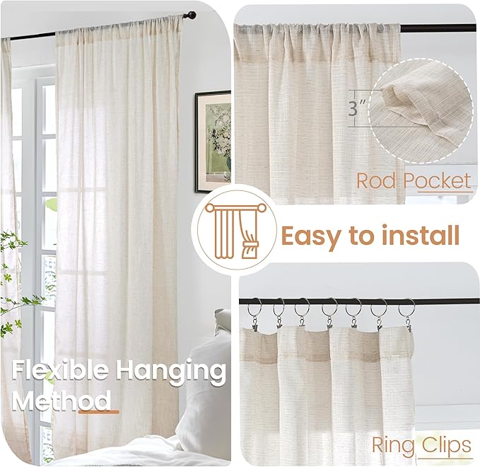 BGment Linen Curtains 45 Inch Length for Short Window - Oatmeal Rod Pocket Small Drapes Light Filtering for Cafe Bedroom Decorative Lightweight Natural Rustic, 2 Panels Set, 30 X 45 Inch