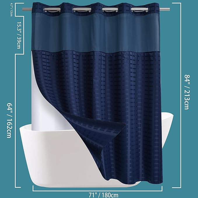 Extra Long No Hook Shower Curtain with Snap in Liner Set, Hotel Luxury Navy Blue Shower Curtains for Bathroom with See Through Top Window, Waterproof, Washable 71W x 84H