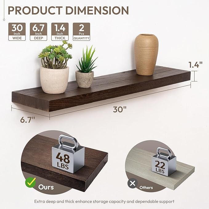 Marsmiles 30 inch Floating Shelves for Wall Solid Elm Wood Shelves|Rustic Wall Shelves with Invisible Heavy-Duty Bracket for Bathroom Living Room Kitchen|Walnut, 2 Pack
