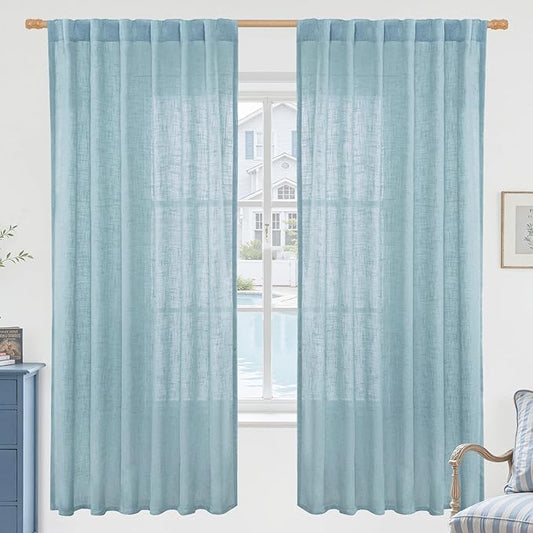LAMIT Stone Blue 72 inch Linen Curtains for Living Room 2 Panels, Linen Textured Light Filtering Semi Sheer Back Tab and Rod Pocket Panels for Bedroom/Farmhouse, 52 x 72 Inch