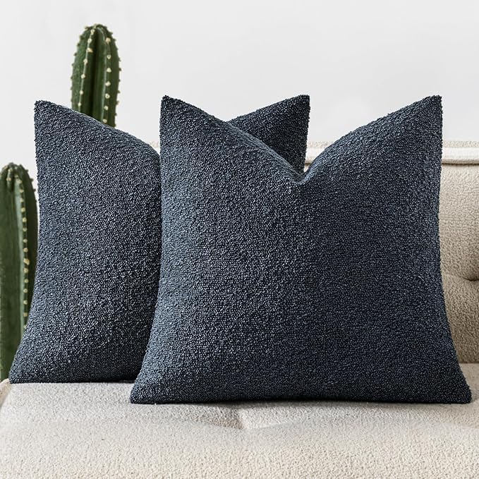 Woaboy Pack of 2 20x20 Inch Decorative Boucle Throw Pillow Covers Textured Square Pillowcaes Accent Solid Cozy Soft Cushion Covers Home Decor for Sofa Couch Living Room Home Decor,Navy Blue