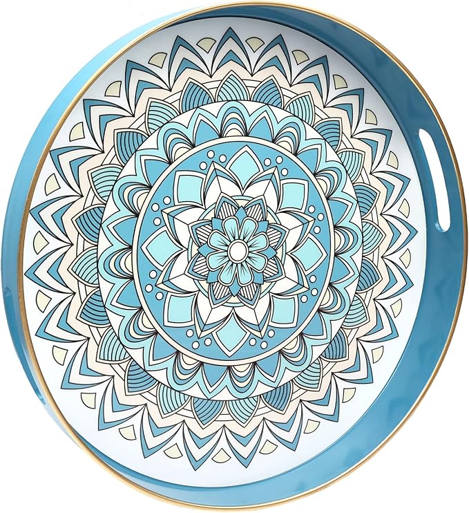 Round Cyan Decorative Tray for Coffee Table, Ottoman, 13” Plastic Serving Platter Tray with Handles for Entertaining, Living Room