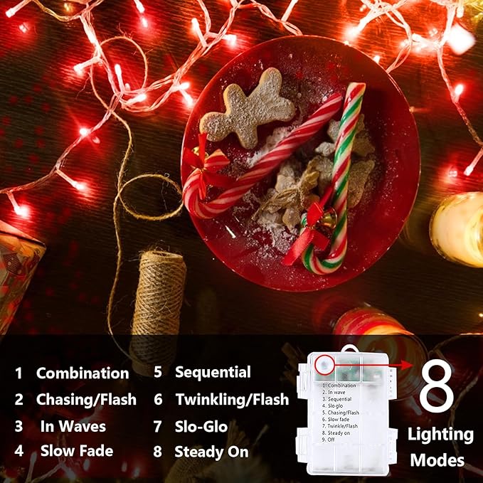 2 Pack Halloween String Lights Battery Operated with Timer, 66FT 200 LED Waterproof Battery Twinkle Lights, 8 Modes Fairy Light for Indoor & Outdoor Party Bedroom Garland Tree Christmas Decor (Red)