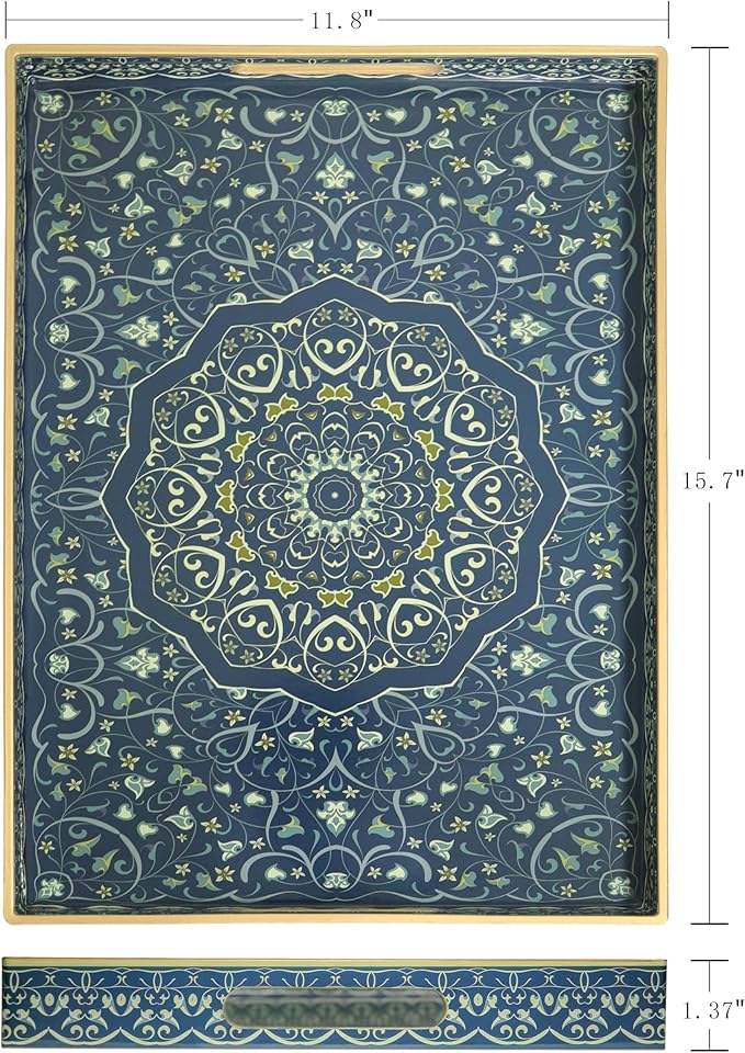 Boho Sturdy Acrylic Rectangular Serving Tray with Handles, Coffee Table, Food & Breakfast-Kitchen Countertop & Living Room Ottoman Tray, 15.7" x 11.8"