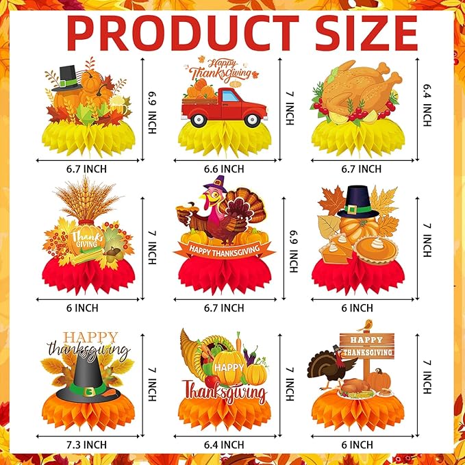 9Pcs Thanksgiving Centerpiece Fall Centerpiece Table Decorations Pumpkin Turkey Honeycomb Thanksgiving Table Centerpiece for Thanksgiving Table Decoration Autumn Theme Birthday Party Supplies