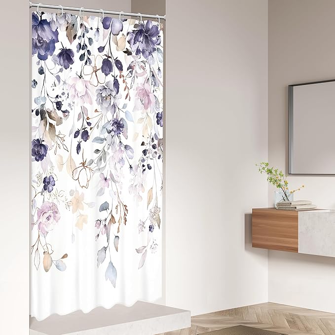 Floral Flower Shower Curtain 36Wx72L Inch Small Stall Purple Pink Leaf Rustic Girly Boho Wildflower Eucalyptus Botany Plant Bathroom Set Spring Bath Curtain Bathtub Accessories Home Decor