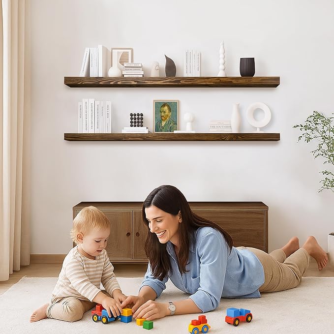 Walnut Floating Shelves 72 Inch Long 8-in Deep Set of 2, High End Real Solid Wood Floating Shelves for Wall,Suitable for Kitchen and Coffee Bar, with Sturdy Hidden Bracket