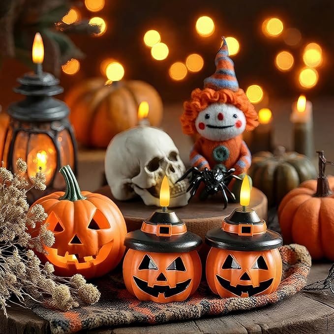 Homemory Real Wax Pumpkin Candles, 2 Pcs Flickering Flameless Candles with 6hrs Timer, LED Halloween Pumpkin Lamp, Battery Operated Lights for Home Halloween Decor, Theme Party, Orange