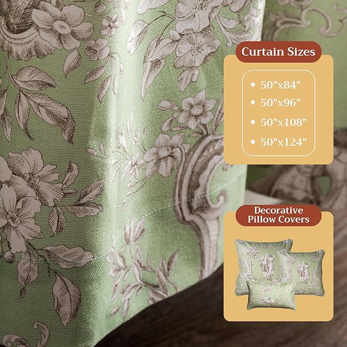 Maison d' Hermine Curtains for Living Room 100% Cotton 124 inch Length Two Panels Light Filtering Toile Curtains for Bedroom Windows with Rod and Loop Pockets Drapes (Joli Jouy Green, 50" W x 124" L)