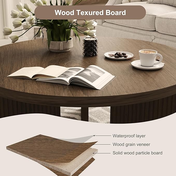 Wooden Round Coffee Table, 35" Coffee Table with Smooth Thick Mesa, Low Circle Center Table with X Shaped Stable Legs, Accent Tea Table for Living Room, Office, Brown